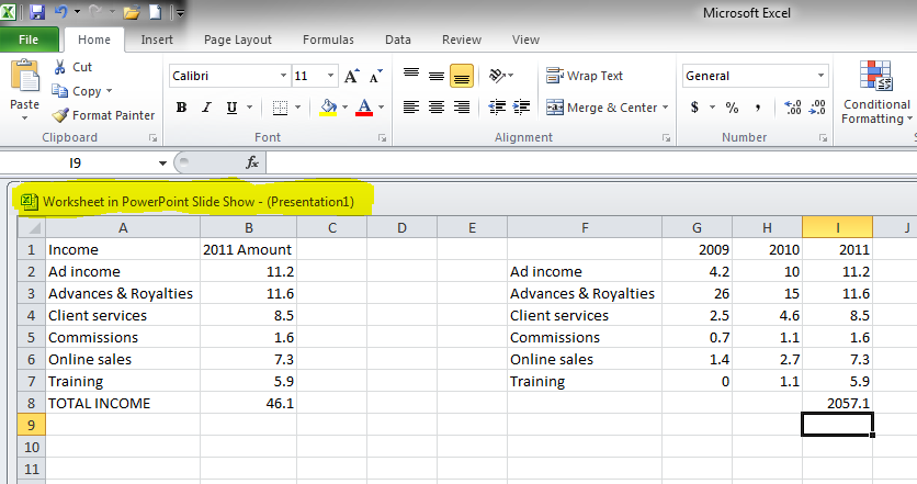 Insert a live Excel spreadsheet onto a slide